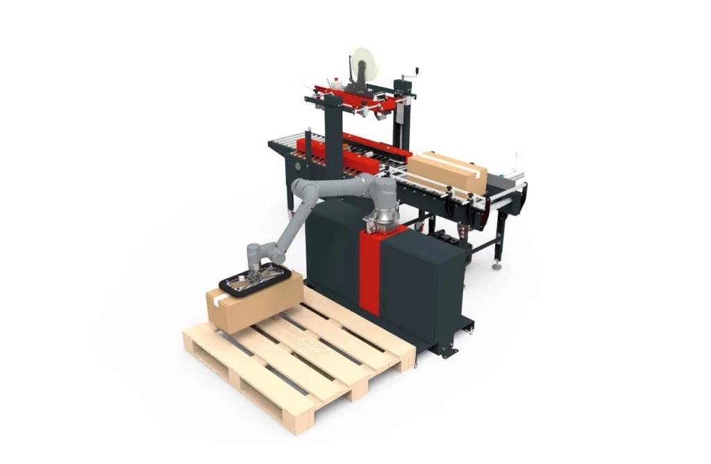 Sistemas de paletizado robotizado: qué son, tipos, beneficios y cómo elegir el adecuado para tu empresa 1 Final de linea Cobot con precintadora de cajas